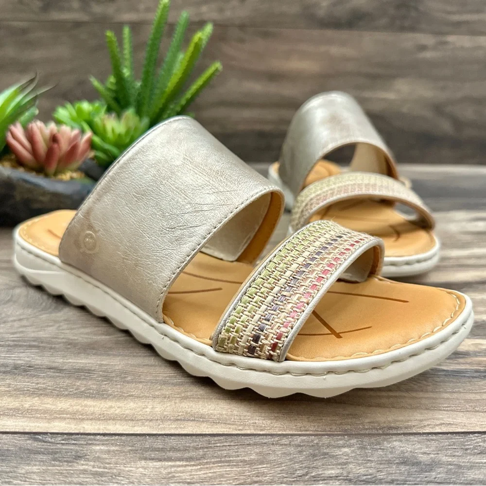 NIB Born Shore Slide Sandal Light Gold Leather Fabric Combo - Picture 4 of 12